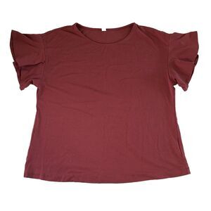UNIQLO Women's Medium M Ruffle Sleeve T-Shirt Plum Purple Crew Neck Flutter Top